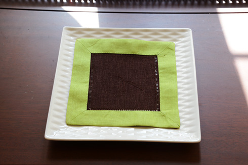 Multicolor Hemstitch Cocktail Napkin 6". Chocolate & Hot Green